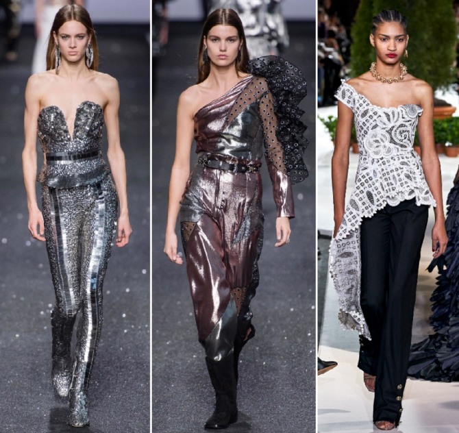 блестящие топы, брюки, ажурный топ - альтернативный женский наряд для стройных девушек на новогодний вечер 2020