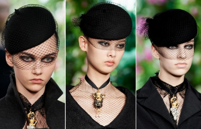 маленькая черная дамская шляпка вуалетка от бренда Christian Dior - фото с модного показа Fall 2019 Couture
