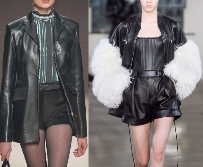 луки с модных показов - женские стильные черные кожаные куртки с шортами