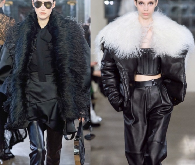 стильные зимние черные дизайнерские куртки с объемными плечами и широкими рукавами из кожи и с меховой отделкой - тренды осень-зима 2019-2020