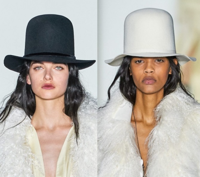 модели с подиумов в белых шубах и дамском головном уборе котелок из черного и белого фетра - мода осень-зима 2019-2020