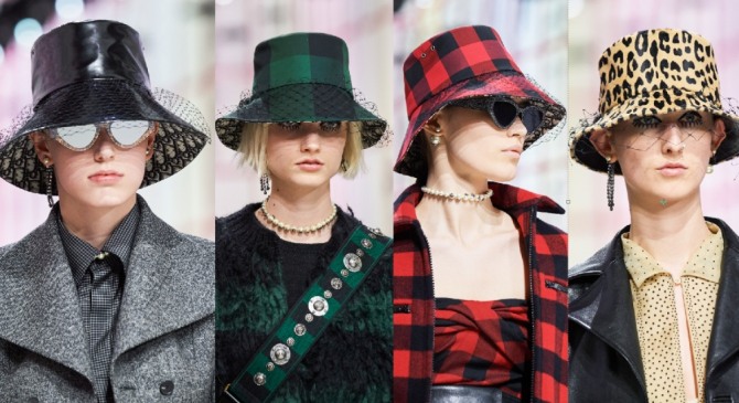 шляпы-панамы от Christian Dior осень-зима 2019-2020 - черная блестящая, зеленая в клетку, красно-черная, с леопардовым принтом