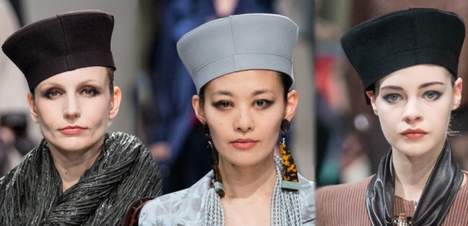 Элегантный дамский головной убор осень-зима 2019-2020 - черная и серая шапка-кубанка из фетра от бренда Giorgio Armani