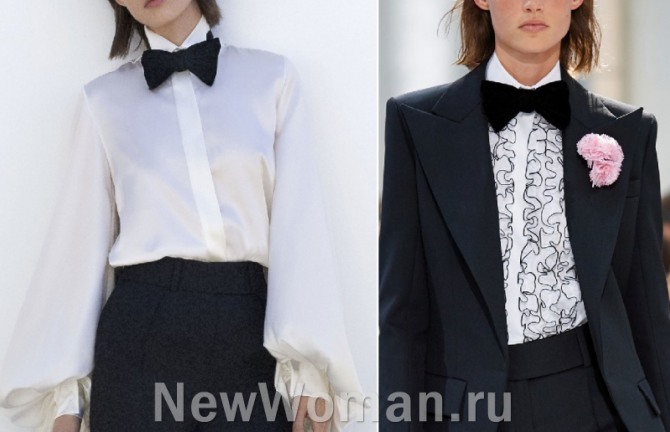 белая деловая блузка с черной бабочкой - галстуком из бархата