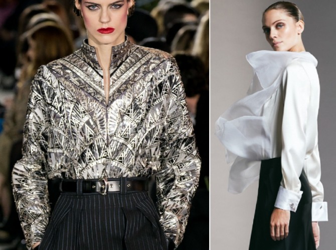 вечерняя блузка из серебряной металлизированной ткани с застежкой-молнией и воротником-стойкой, белая блуза с летящими воланами