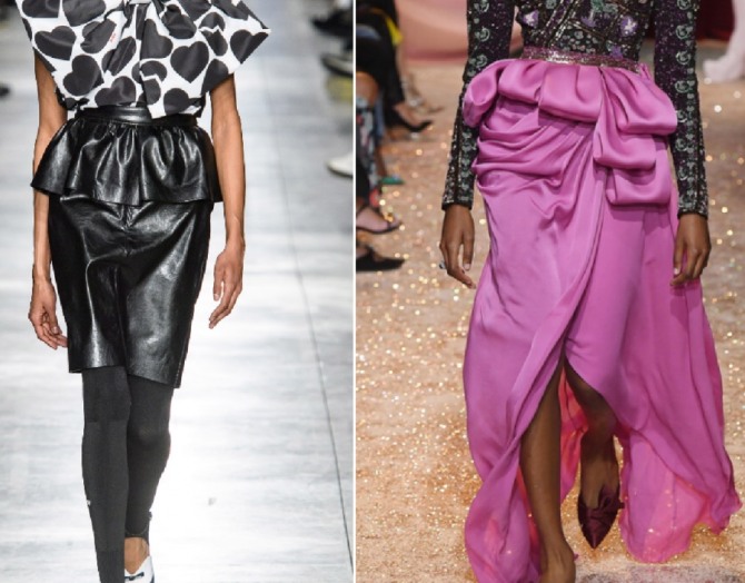 дизайнерские юбки с баской на 2020 год - черная кожаная и нарядная длинная розовая