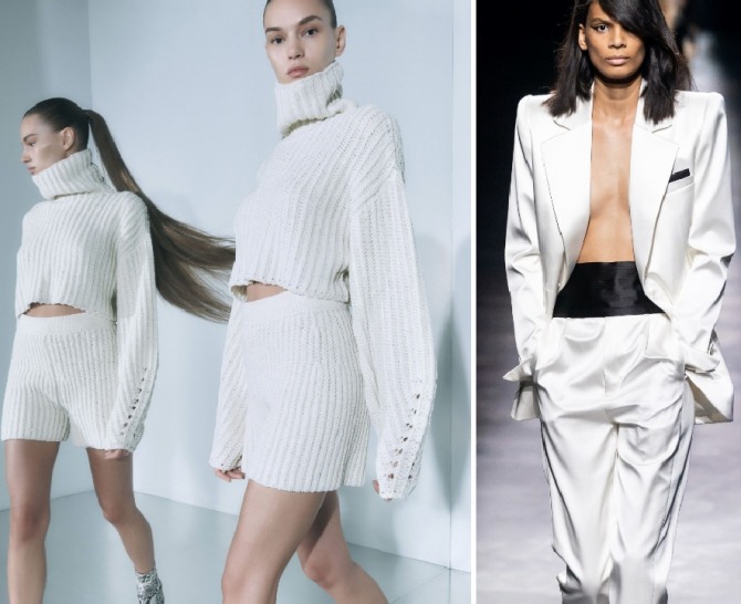 мода 2020 года - белый трикотажный костюм шорты и свитер для девушки и деловой белый костюм в мужском стиле с черным высоким поясом