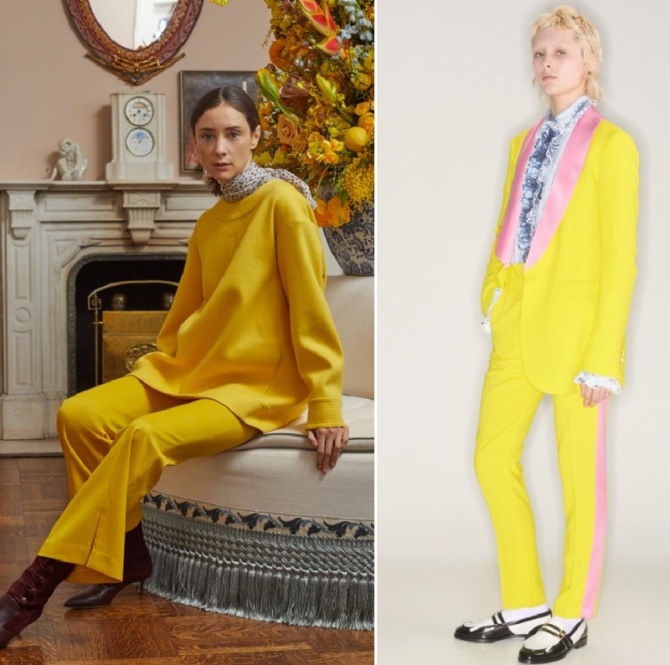 дамские модные брючные костюмы 2020 года желтого оттенка - цвета горчицы и лимонный