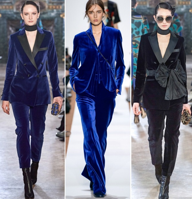 горячий тренд вечерней моды 2020 - черный или синий брючный вечерний костюм из бархата