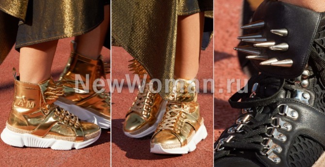 золотые и черные женские кроссовки с шипами - модный тренд обувной моды на весну 2020