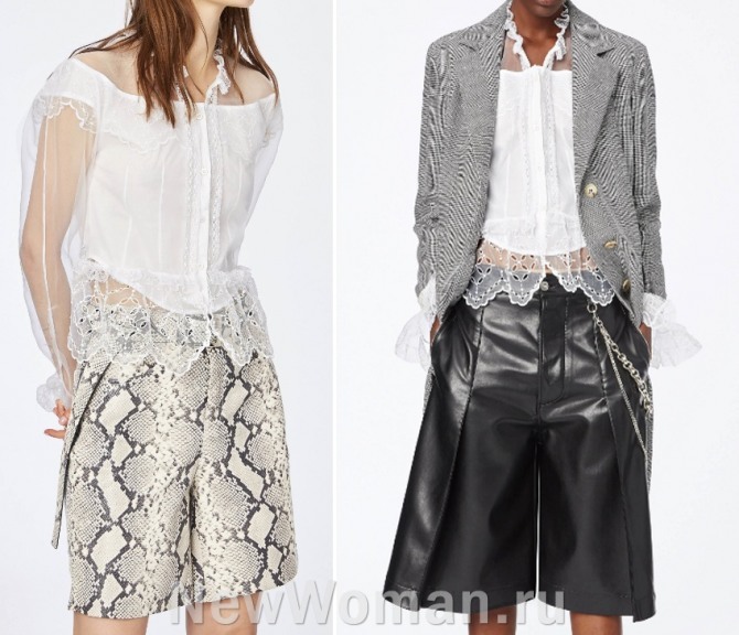 примеры модных образов 2020 года: белые блузки с длинными шортами или юбкой-шорты - фото