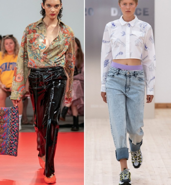 принтованные блузки-рубашки с кожаными и джинсовыми брюками - луки с модных показов на 2020 год