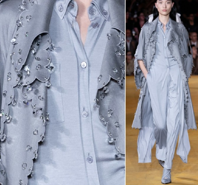 элегантный серый комплект из брюк, платья и пальто, декорированного металлическими колечками и стеклярусом