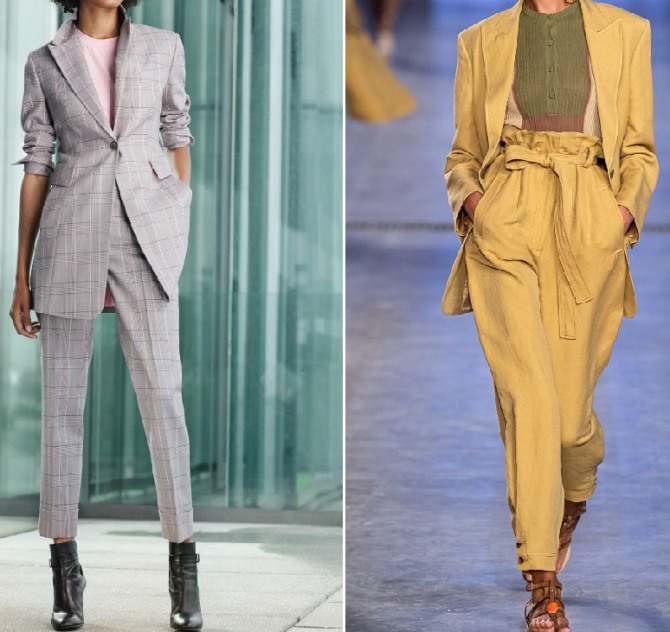 весной 2020 года в тренде женские деловые офисные брючные костюмы с удлиненным жакетом, брюками 7/8, штанами-бананами с завышенной талией