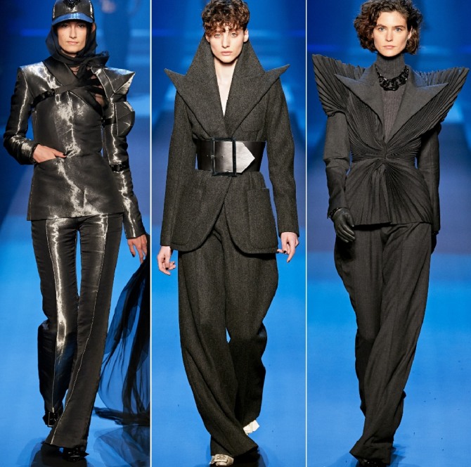 футуристические черные брючные костюмы 2020 года от бренда Jean Paul Gaultier