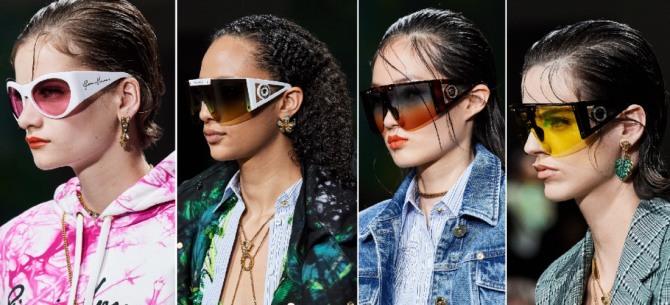 модные солнцезащитные очки с цветными стеклами и белой оправой на сезон весна-лето 2020 от бренда Versace