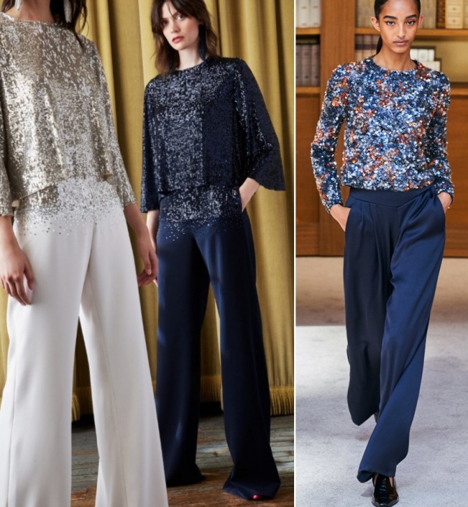 прямые женские брюки с блестящими блузками типа тонкого джемпера без воротника - фото вариантов для новогоднего корпоратива