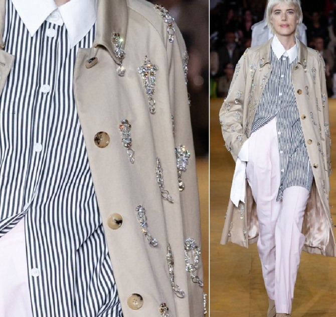 серое дамское дизайнерское пальто весна 2020 с аппликациями из страз
