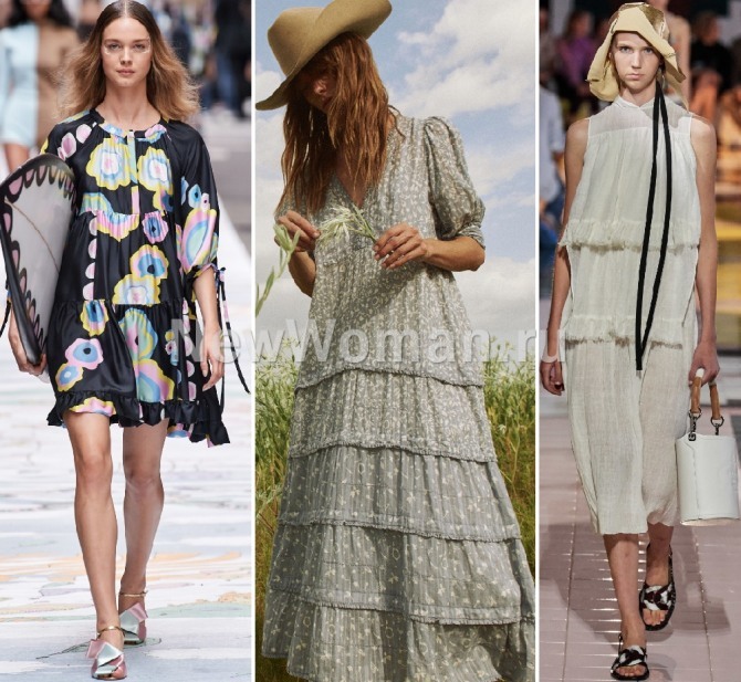 фасоны многоярусных летних платьев с присборенными горизонтальными швами - тенденции летней моды 2020 года