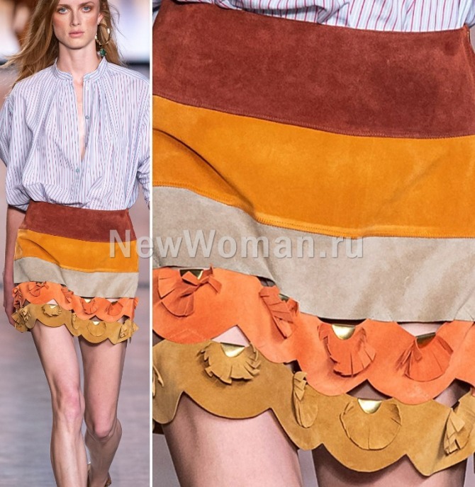 замшевая юбка из цветных полос с ажурным низом от Alberta Ferretti