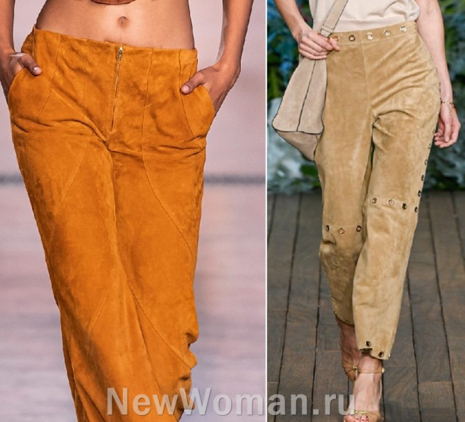 женские замшевые брюки сезона весна-лето 2020 от модного дома Alberta Ferretti - без пояса и с люверсами