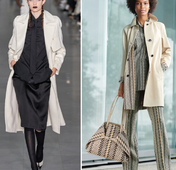 элегантные дамские пальто кремового цвета до колена и выше колен - с модных дефиле весна-лето 2020 года