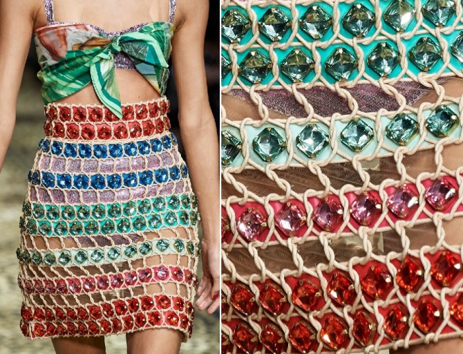 нарядная юбка из веревок, тканевых полосок и страз от Dolce & Gabbana