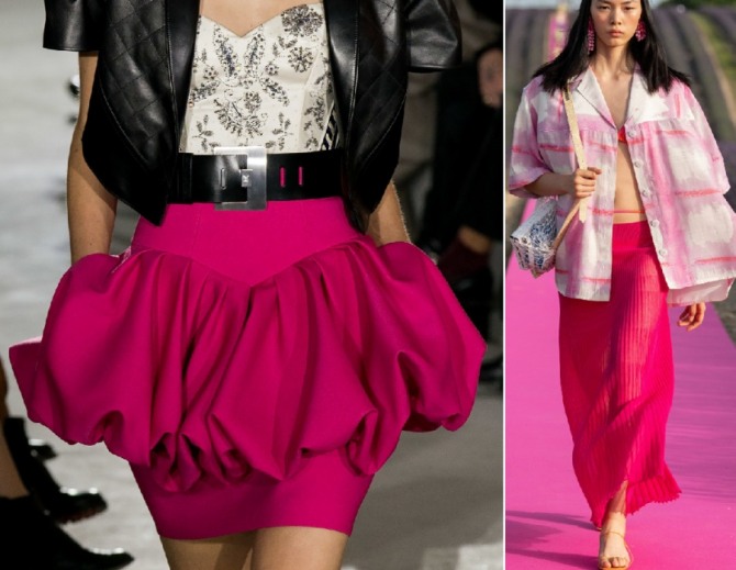 модели модных летних юбок 2020 красного цвета - мини с баской, миди юбка-плиссе