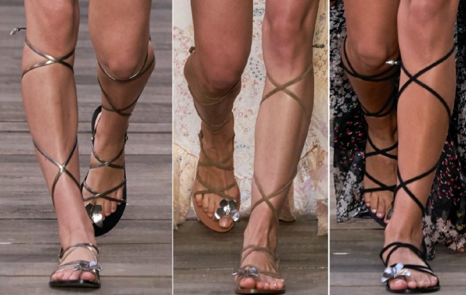 модные женские сандалии 2020 - гладиаторы с ремешками, завязанными на ноге до колена