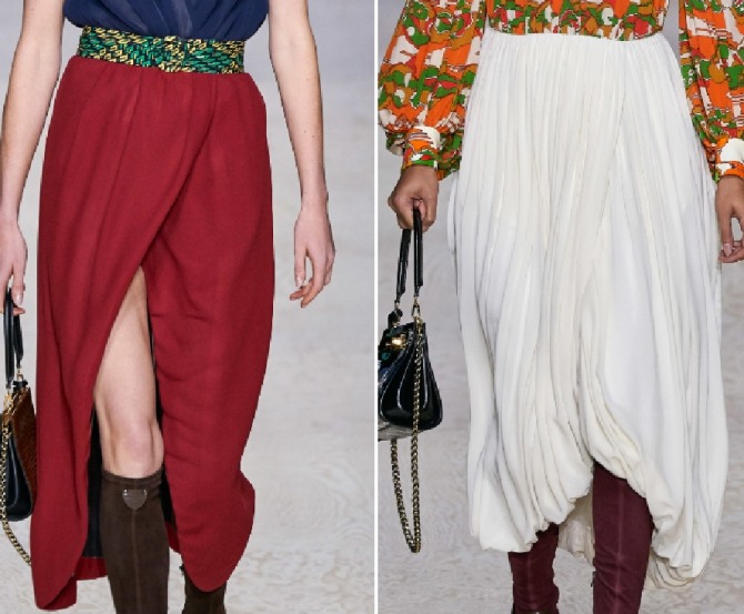 модная тенденция весна-лето 2020 - юбка-занавес ниже колен с драпировкой