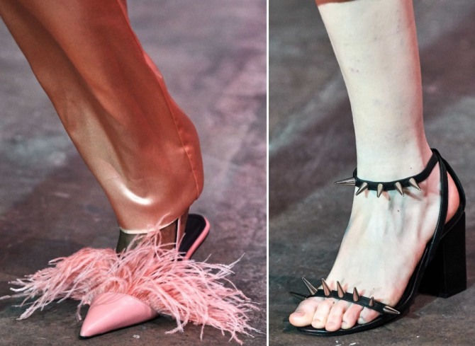 модный декор женских летних босоножек 2020 года - перья и шипы