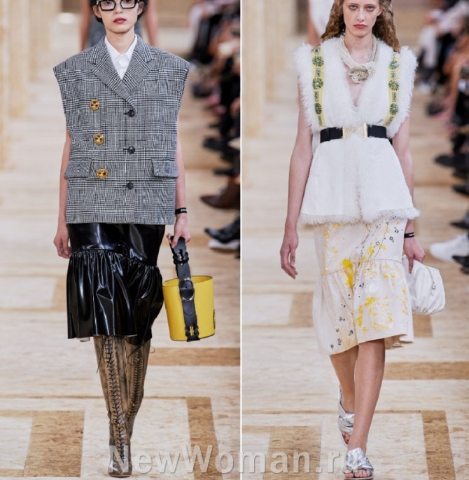 модные тенденции женской весенней моды 2020 года - жакеты и куртки без рукавов, фото с подиума бренд Miu Miu