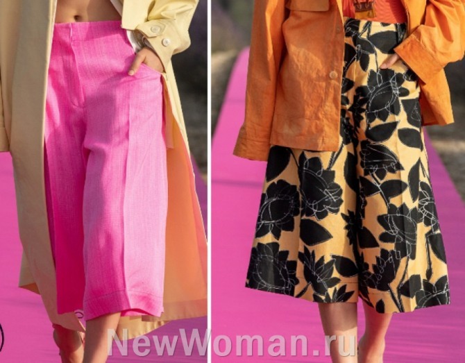 модный показ весна-лето 2020 от Jacquemus, на фото брюки-кюлоты или юбка-брюки розовые и желтые с черным цветочным рисунком