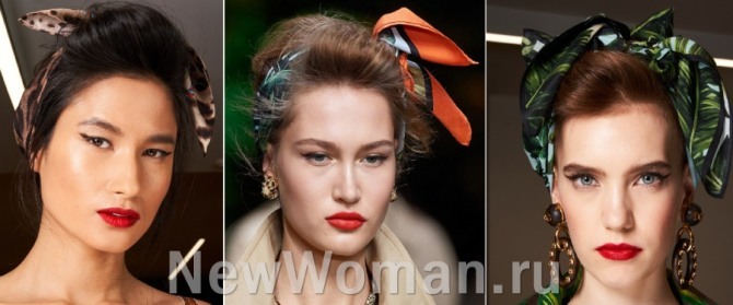 прически с подиума с косынкой в волосах от Dolce & Gabbana с модных показов весна-лето 2020 года