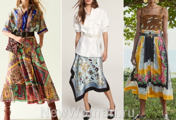 модные летние тенденции 2020 года - юбки из платков с модных показов в столицах мировой моды