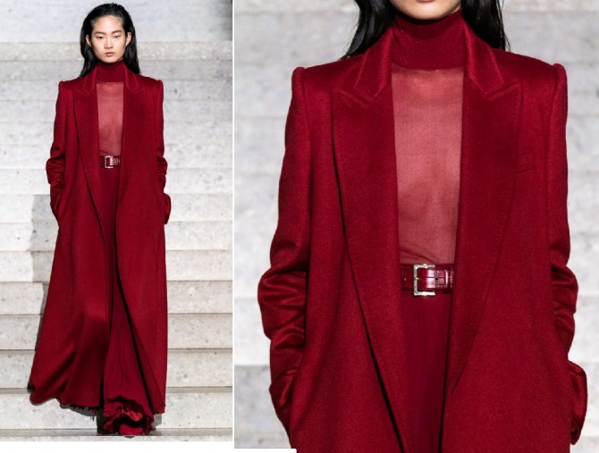 расклешенное книзу длинное пальто бордового цвета с лацканами-шалькой от модного дома Max Mara - показы весна-лето 2020