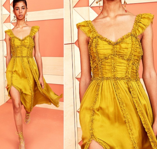 летнее платье для юной девушки желтого цвета с рюшами на бретелях и лифе, с рукавами-крылышками - дизайнерские идеи 2020 года
