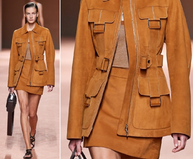 дамская куртка цвета верблюжьей шерсти в стиле сафари с короткой юбкой того же цвета - монолук от модного дома Hermès на сезон весна-лето 2020