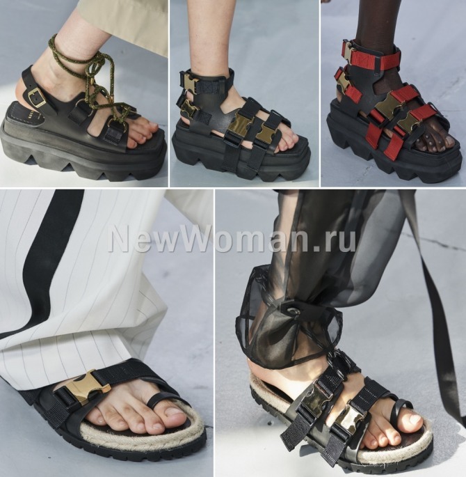 брендовая дизайнерская летняя женская обувь 2020 от Sacai - летние сандалии в спортивном стиле на плоской и высокой протекторной подошве
