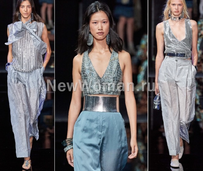 с какими брюками носить нарядный вечерний топ летом 2020 года - фото с модного показа Emporio Armani весна-лето 2020 