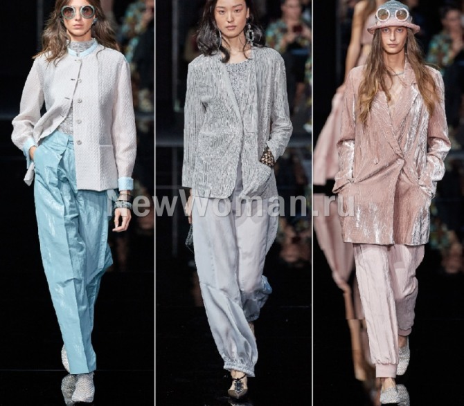 нарядные женские брюки нежных пастельных оттенков от дизайнерского дома Emporio Armani - модный показ весна-лето 2020