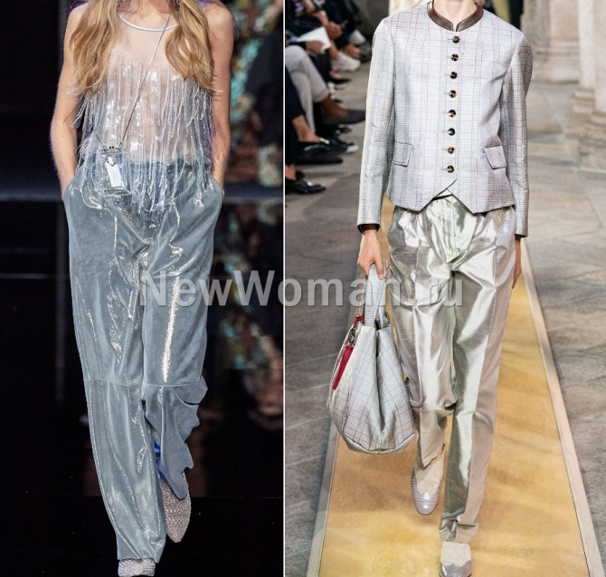 весной и летом 2020 года в тренде серебряные женские брюки металлик