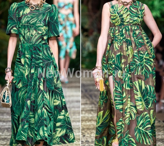 отпускные курортные платья в зеленой гамме с растительным рисунком
