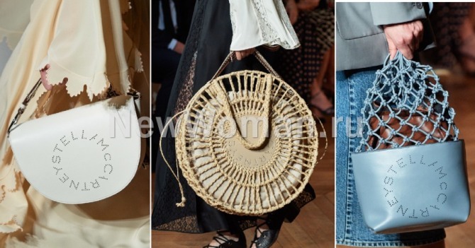 Stella McCartney - сумки с модных показов весна-лето 2020 - сумка-седло, круглая плетеная и сумка-ведро с вязаным верхом