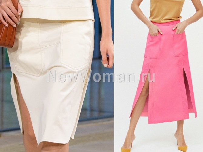 горячий тренд в юбочной моде весна-лето 2020 -  юбки с двумя разрезами и крупными накладными карманами