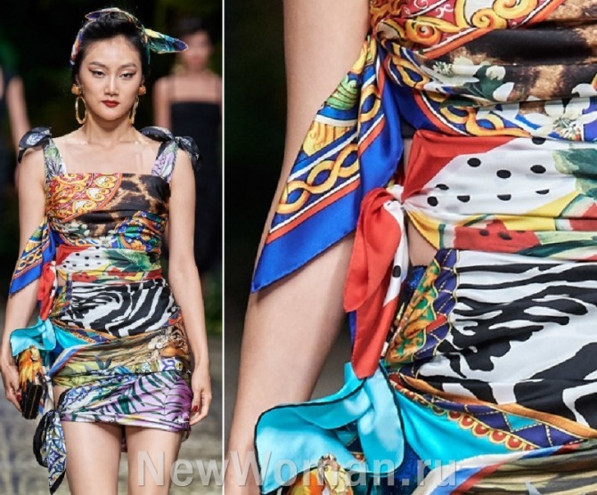 яркое открытое шелковое летнее платье из платков с вырезами и бантами - Dolce & Gabbana