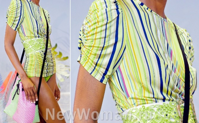 женская блуза в цветную полоску для пляжа поверх купальника - с драпировкой на коротком рукаве и широким поясом с пряжкой