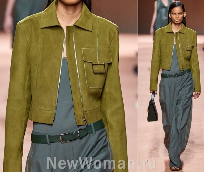 замшевая женская куртка болотного цвета от Hermès