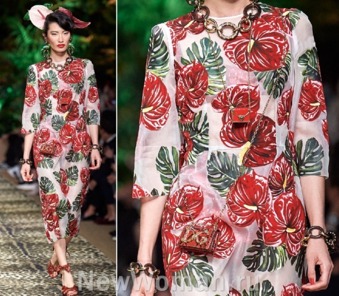 Dolce & Gabbana лето 2020 - отрезное приталенное шифоновое летнее вечернее платье с крупным цветочным рисунком и длинными рукавами - для пожилых женщин
