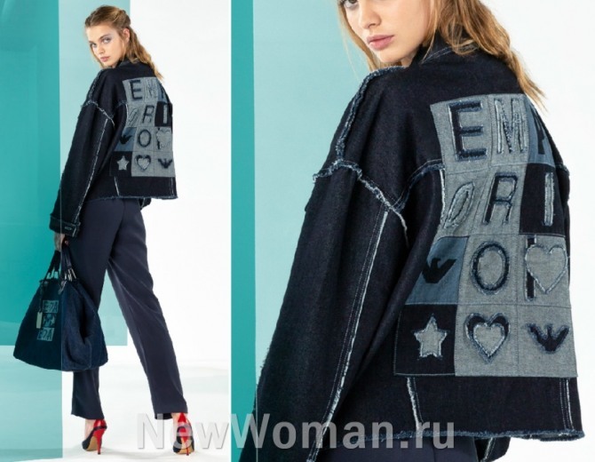 какие принты женских курток в тренде весной-лето 2020 - с крупными буквами и символами, на фото - модель джинсовой куртки для девушки